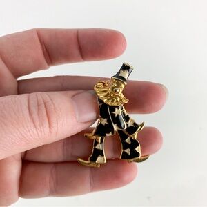 Vintage Metal Clown Brooch Black Gold Tone Enamel Articulated Legs Circus Pin